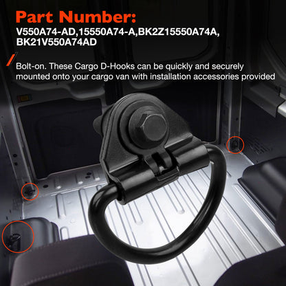 6x Black Steel Rear Cargo D-Hooks For 2015-2024 Ford Transit 150 250 350 350HD