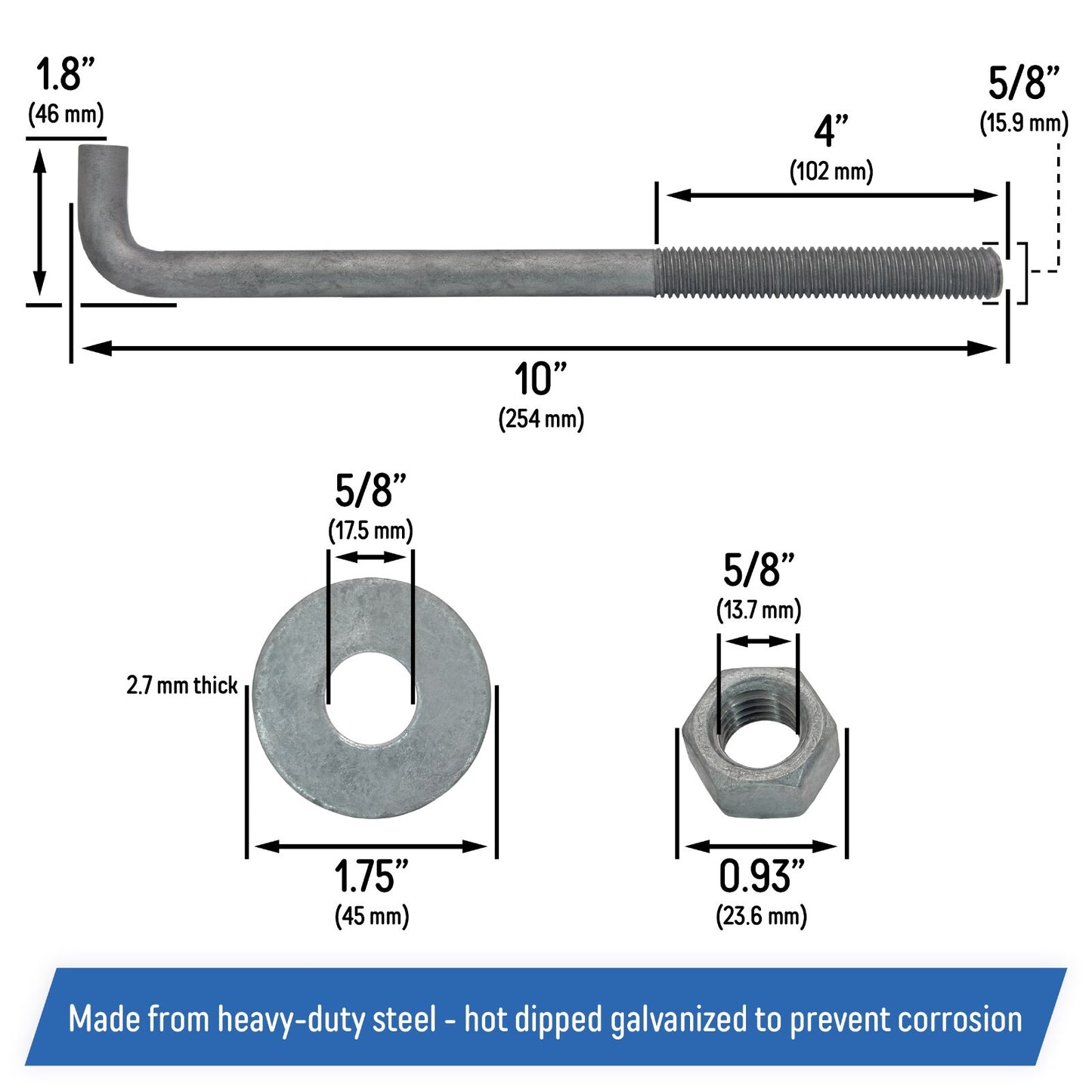 5/8" x 10-inch Galvanized Threaded Anchor Bolts for Wood, Concrete (10 Pack)