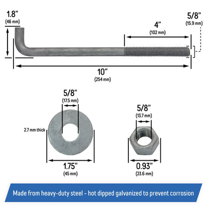 5/8" x 10-inch Galvanized Threaded Anchor Bolts for Wood, Concrete (10 Pack)