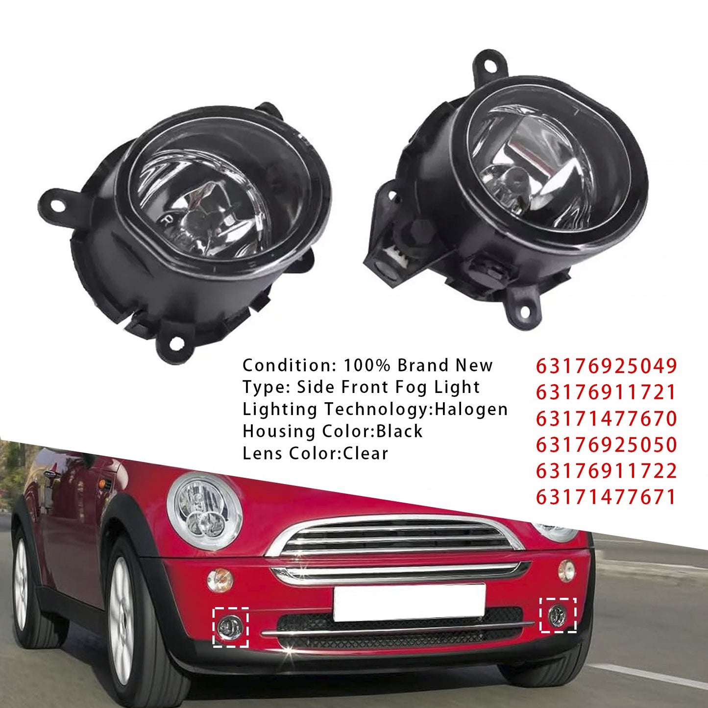 Pair Front Bumper Fog Lights For Mini Cooper One R50 R52 R53 63176925050