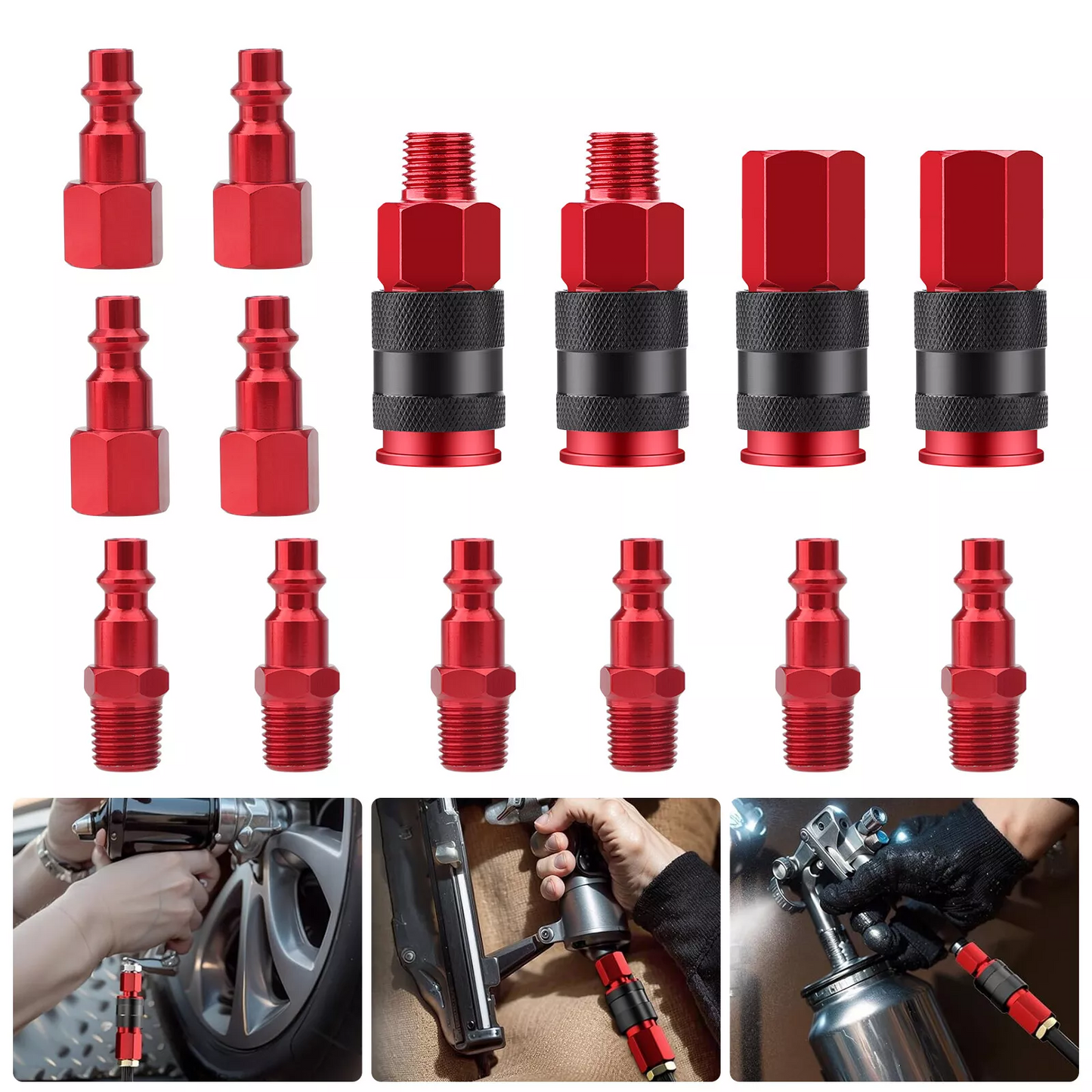 14pcs Air Hose Fittings 1/4" NPT Quick Connect Air Coupler and Plug Kit Red