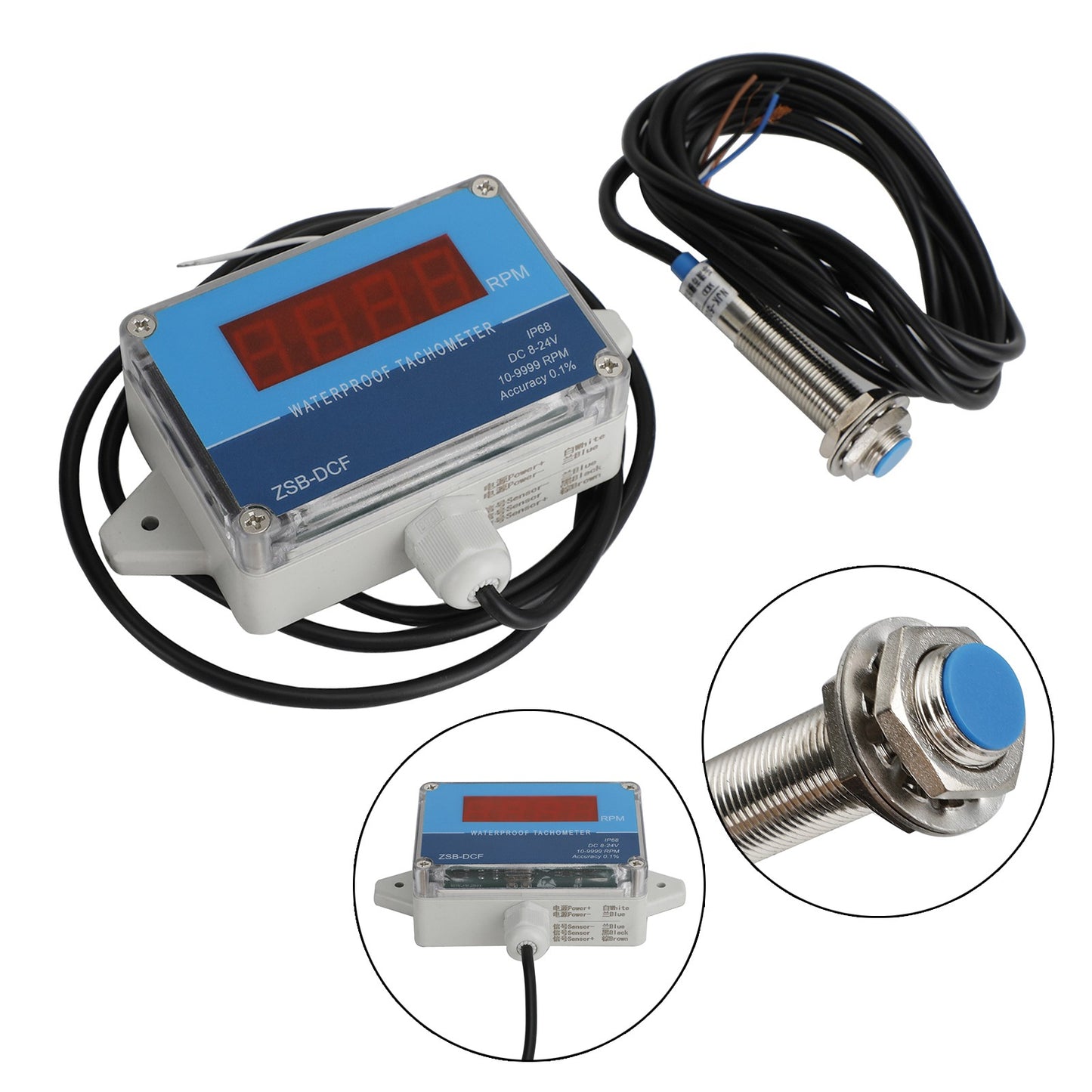 DC 8-24V Hall Tachometer Digital LED Motor Speed Meter Tester IP68 Waterproof