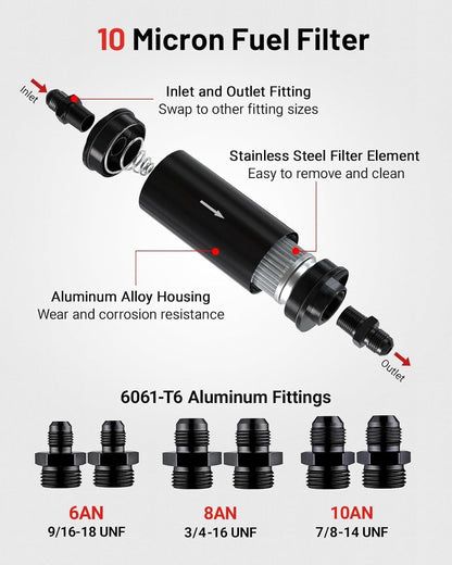 10 Micron Inline Fuel Filter w/ 6AN 8AN 10AN Adapters Bracket Clamp Fuel Filter