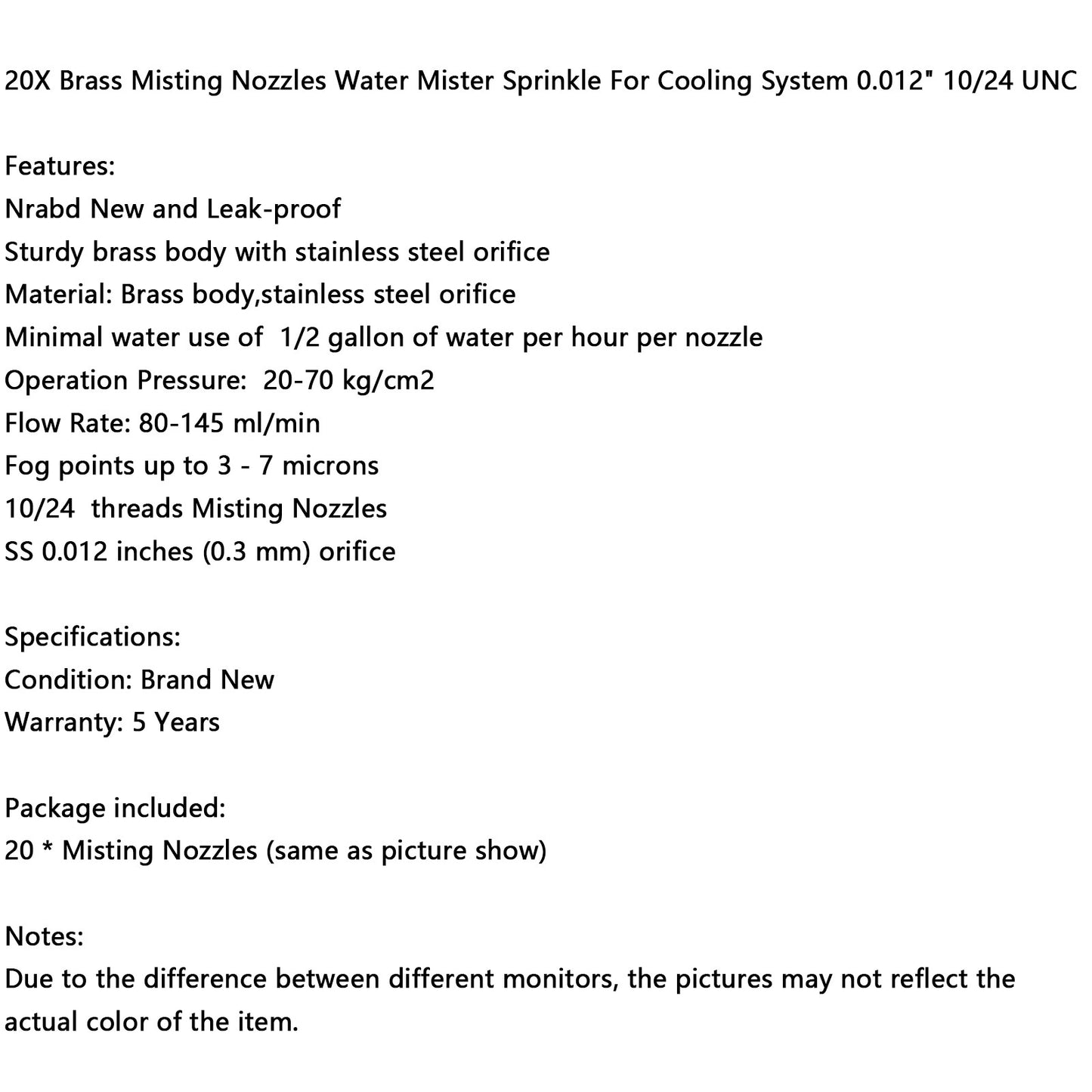 20X Brass Misting Nozzles Water Mister Sprinkle For Cooling System 0.012" 10/24