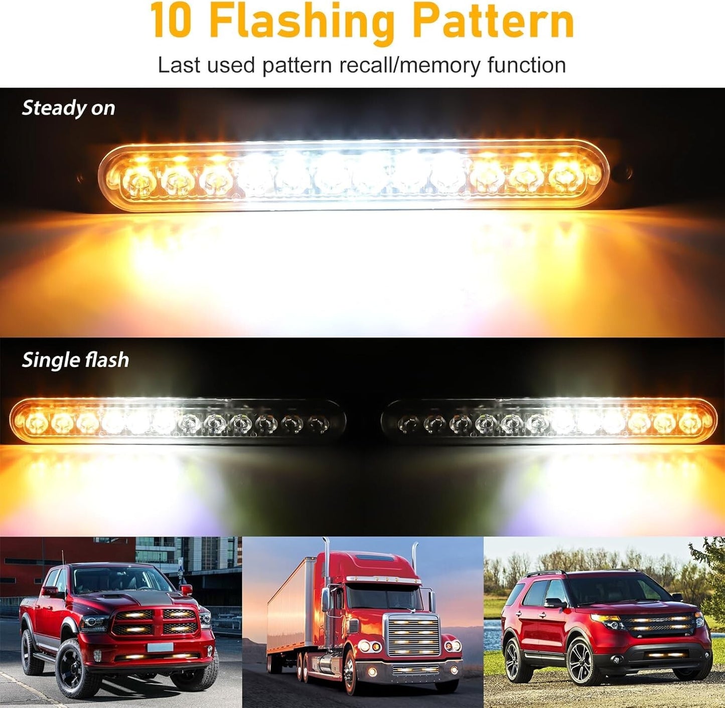 4 PCs Amber(3LEDs)/White(6LEDs)/Amber(3LEDs) Car Truck Light Bar Flashing Lamps