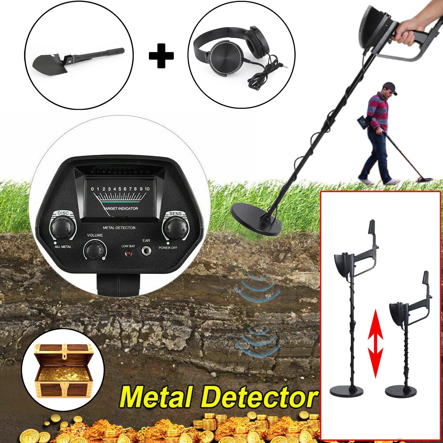 Metal Detector 7.8"  Hunter Deep Sensitive Come With Shovel