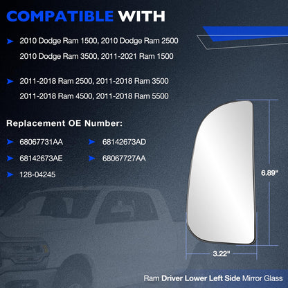Upper & Lower Tow Mirror Spotter Glass Driver Side For 10-20 RAM 1500 2500 3500
