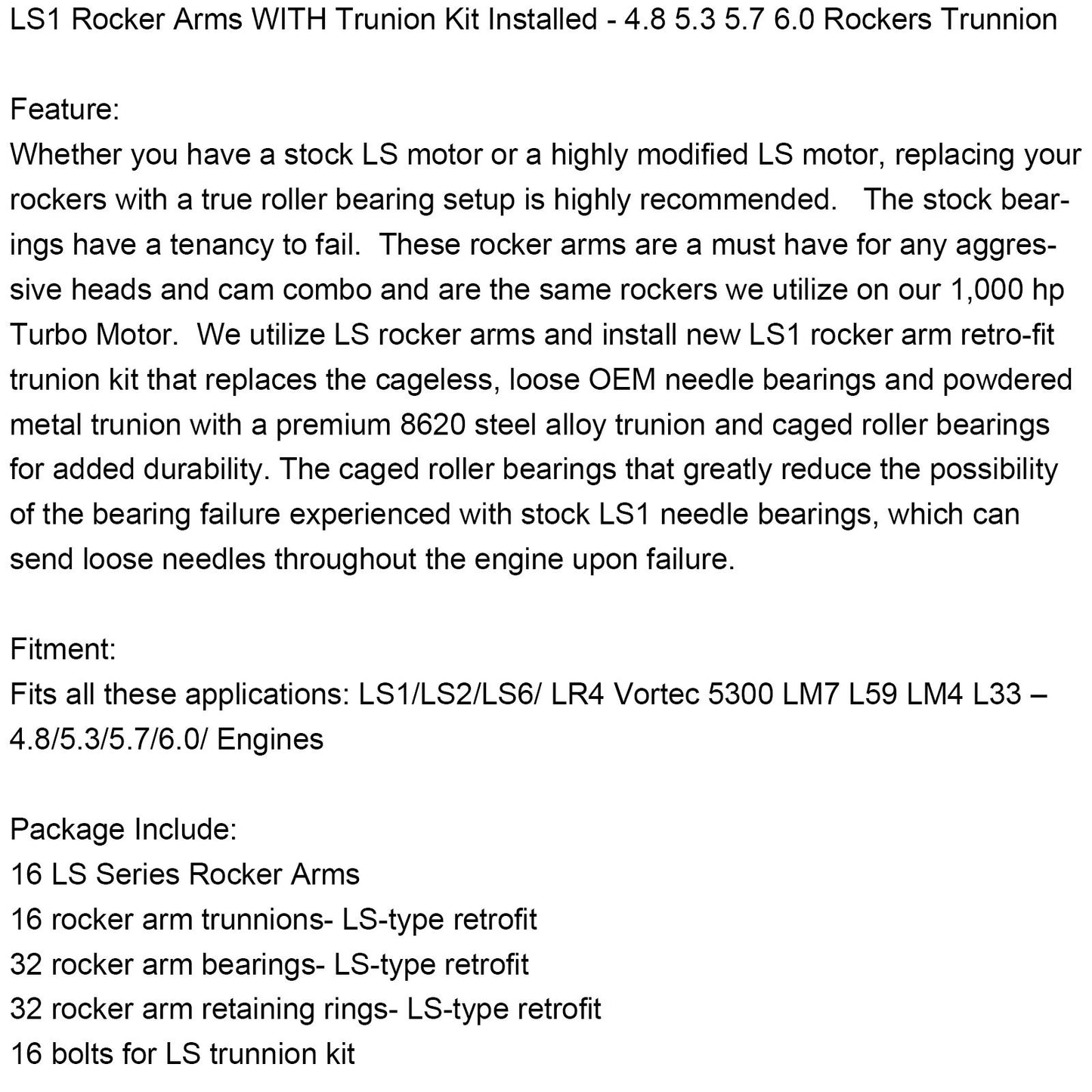 LS1 Rocker Arms WITH Trunion Kit Installed - 4.8 5.3 5.7 6.0 Rockers Trunnion