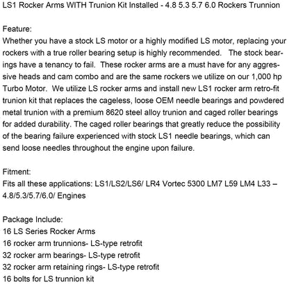 LS1 Rocker Arms WITH Trunion Kit Installed - 4.8 5.3 5.7 6.0 Rockers Trunnion