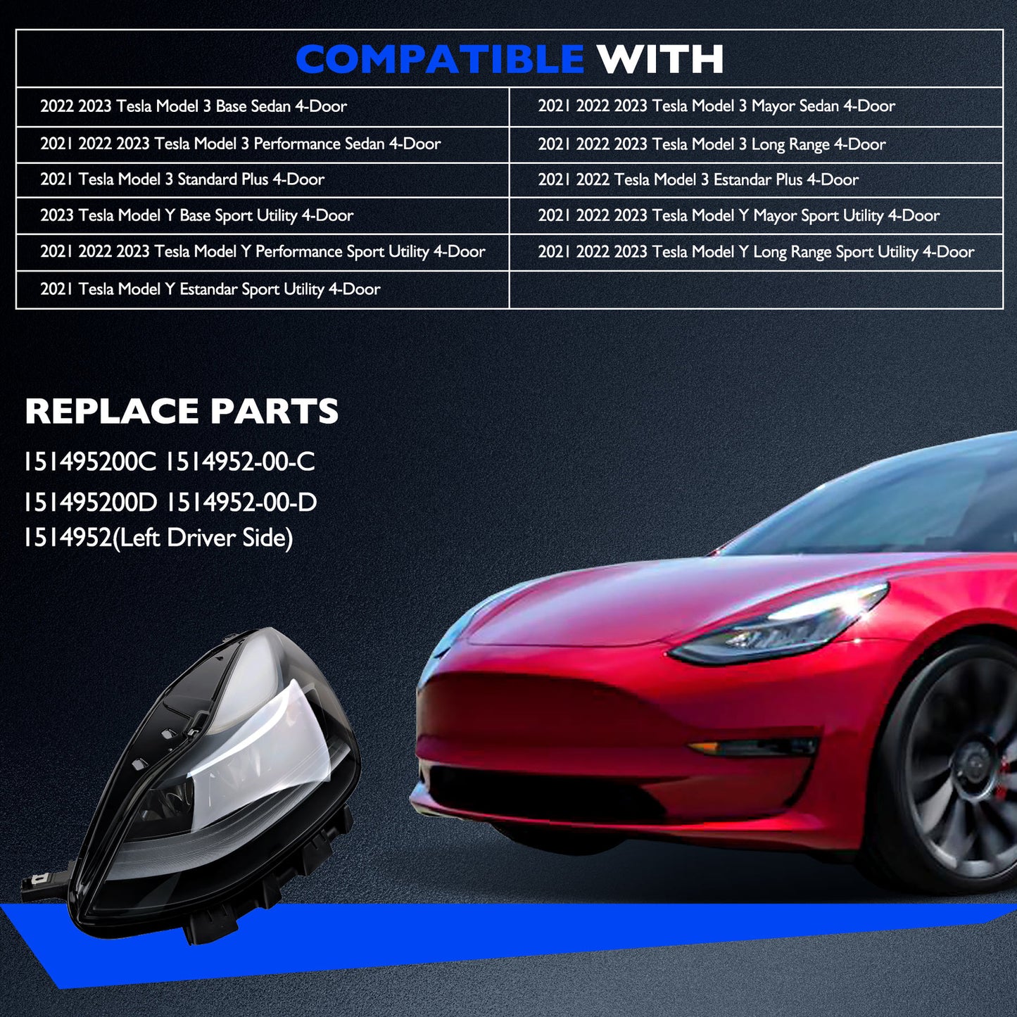 LED Headlight Headlamp Assembly Left Side For 2021-2023 Tesla 3 Y 1514952-00