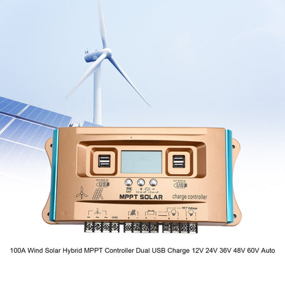 100A MPPT AUTO Dual USB Wind Solar Hybrid Charge Controller Charger 12V-60V