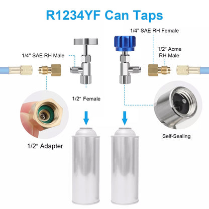Car A/C R1234YF Quick Coupler Adapter Set with Self-Sealing & Puncture Can Tap