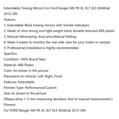 Extendable Towing Mirrors For Ford Ranger MK PX XL XLT XLS Wildtrak 2012-ON