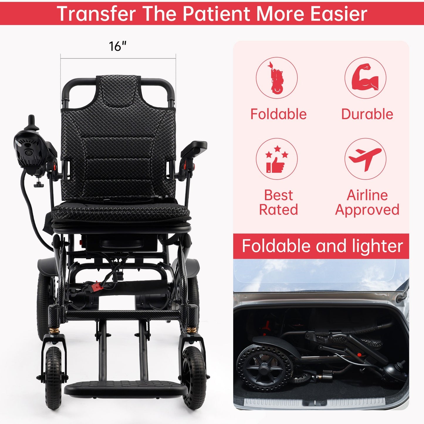 360W Electric Wheelchair Lightweight Folding Wheelchair for Adults Seniors_Black