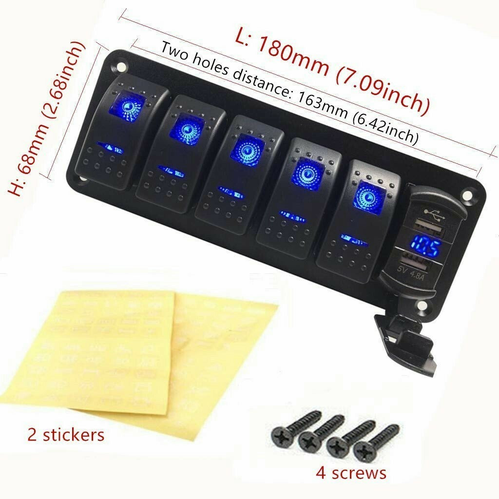 6 Gang Toggle Rocker Switch Panel Dual USB for Car Boat Marine RV Truck Blue LED
