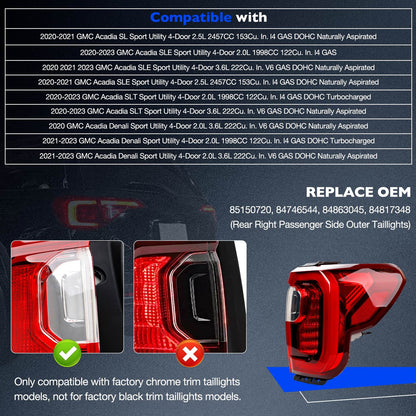 For 20-23 GMC Acadia SL SLE SLT Denali LED Tail Light Brake Lamp Passenger Side