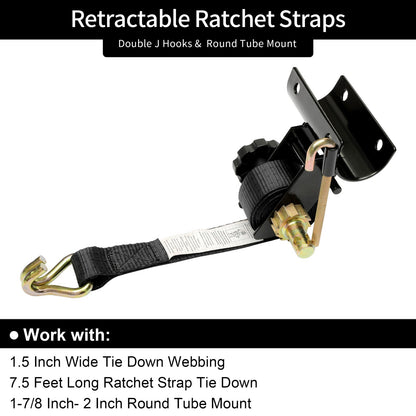 4x Ladder Rack Ratchet Straps w/ J-Hook 1.5"x7.5" Black Retractable Ratchet Tie