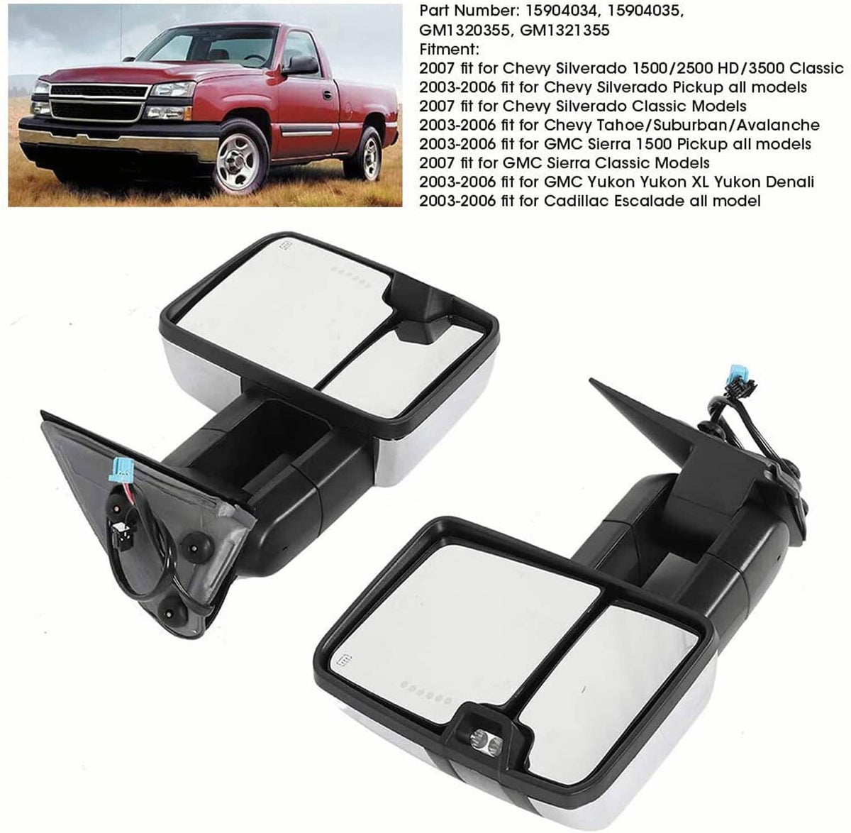 Solidspare Chrome Tow Mirror Power Heated Extend For 2003-07 Silverado Sierra Suburban 1500