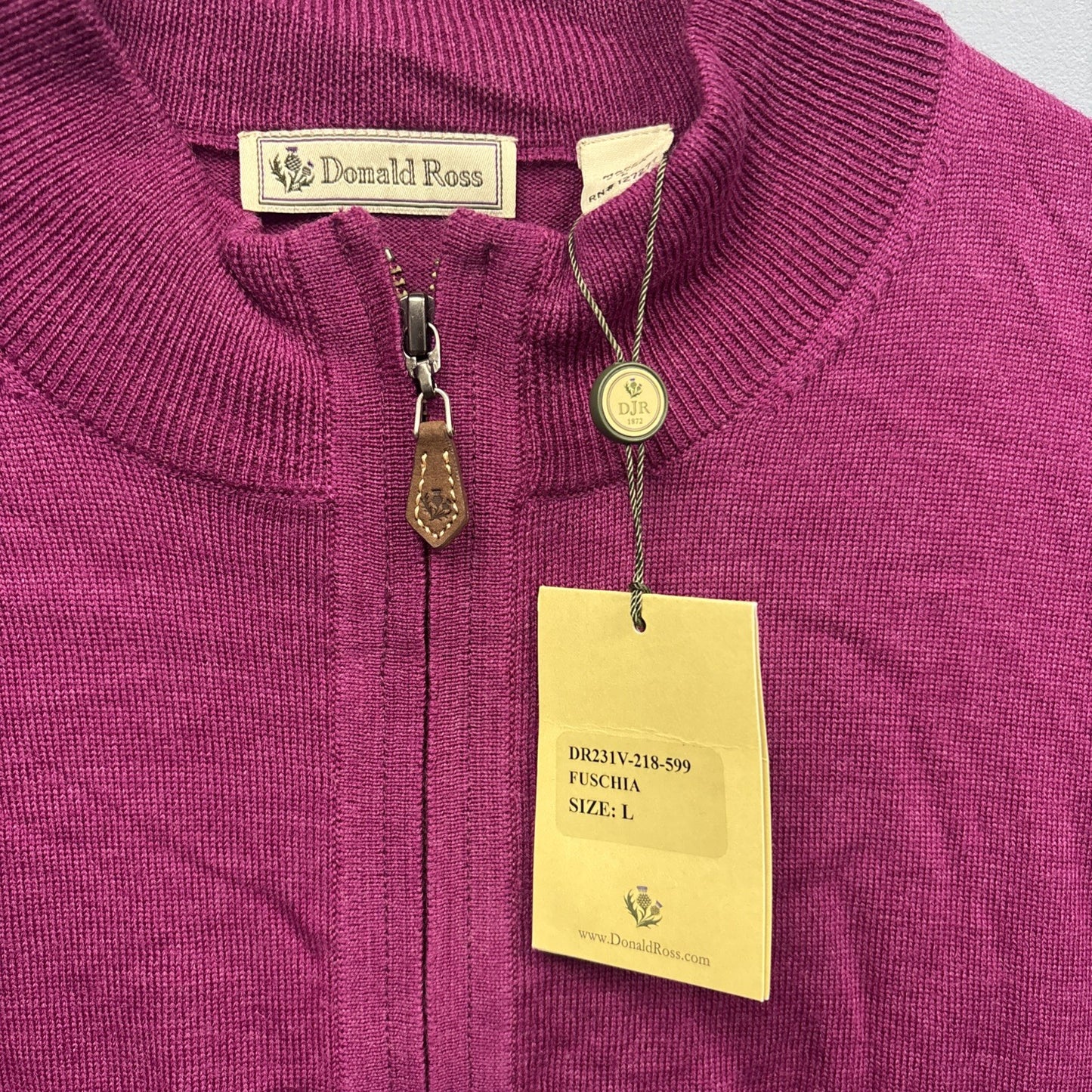 Men's L Donald Ross Sleeveless 1/4 Zip Vest Outerwear Fuschia 100 % Merino Wool