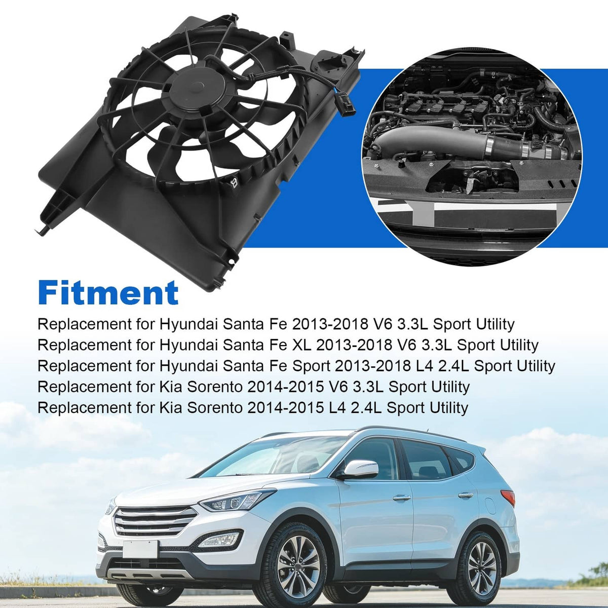 Solidspare Engine Radiator Cooling Fan Assembly For Hyundai Santa Fe kia 2013-2018 620-463