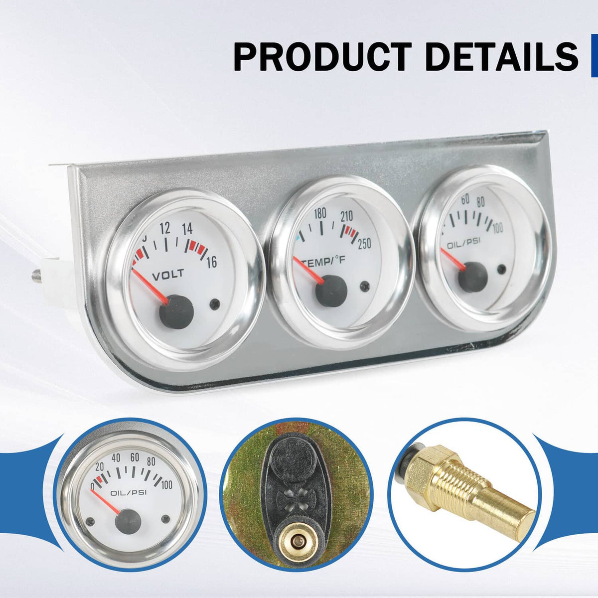 Solidspare Universal 2'' 52mm Volt Water Oil Pressure Triple 3 Gauge Set Gauges Chrome Kit