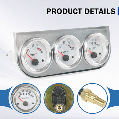 Solidspare Universal 2'' 52mm Volt Water Oil Pressure Triple 3 Gauge Set Gauges Chrome Kit