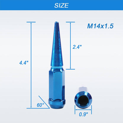 Solidspare 24PCS M14x1.5 Spike Lug Nuts 4.5 Tall Blue For 6 Lug GMC Chevy Ford With Key