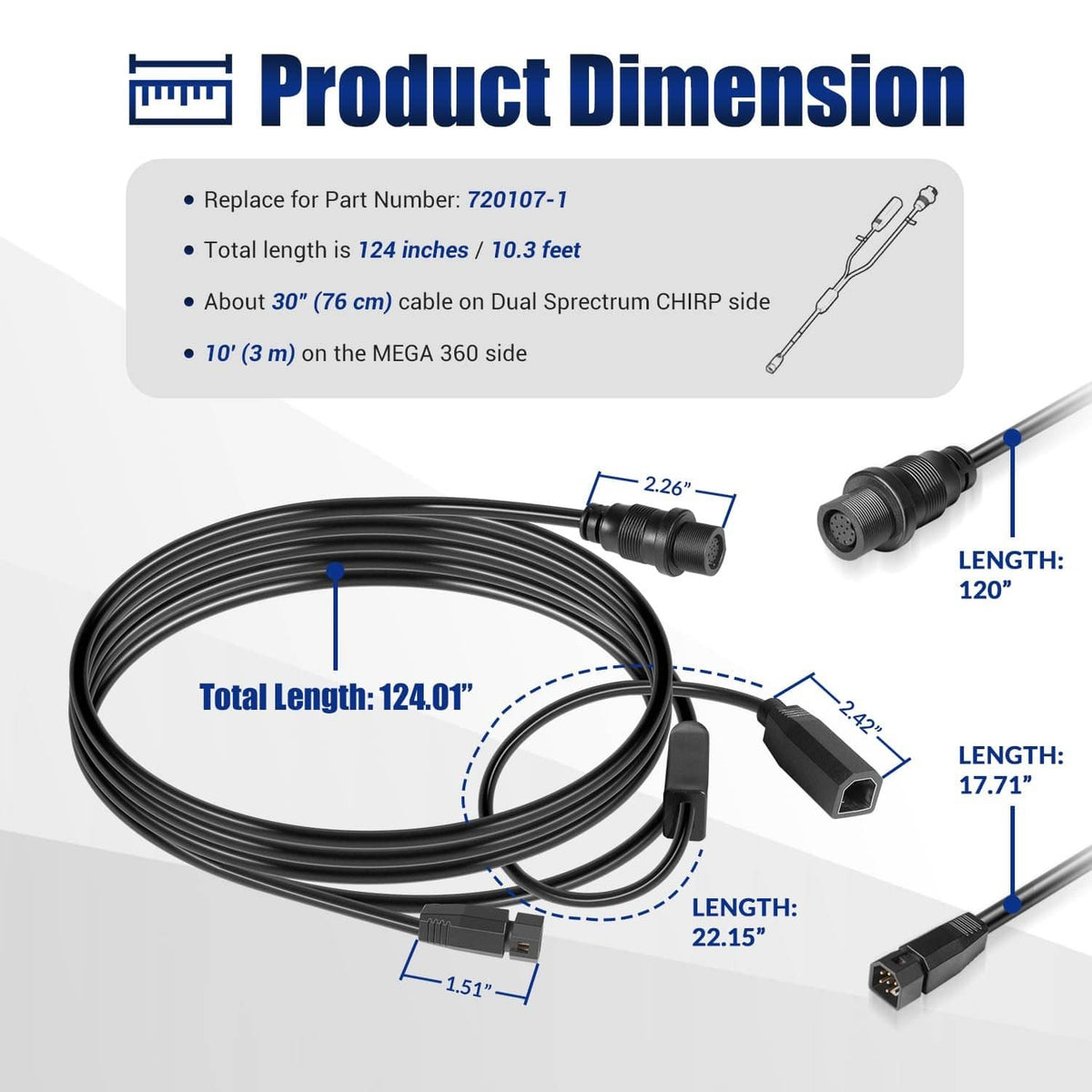 Solidspare 720107-1 Transducer Adapter Cable 10ft. Replace 9-M360-2-DDI-Y Mega 360 & 2D/MDI