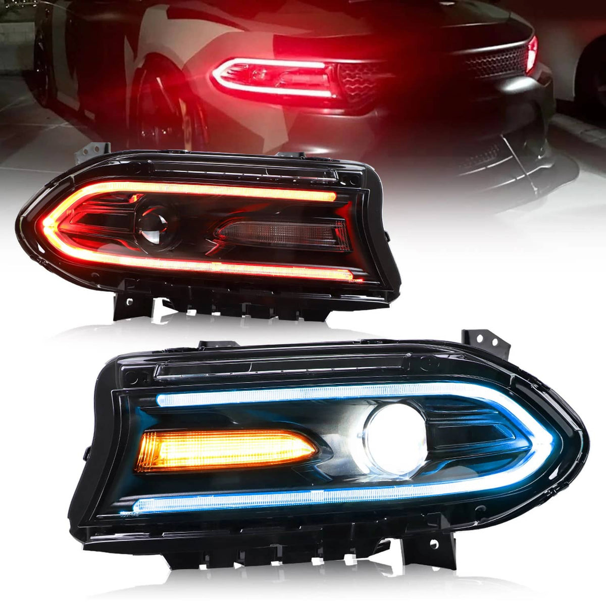 Solidspare Pair For 2015-2021 Dodge Charger LED Projector Headlights RGB Color Change Lamps
