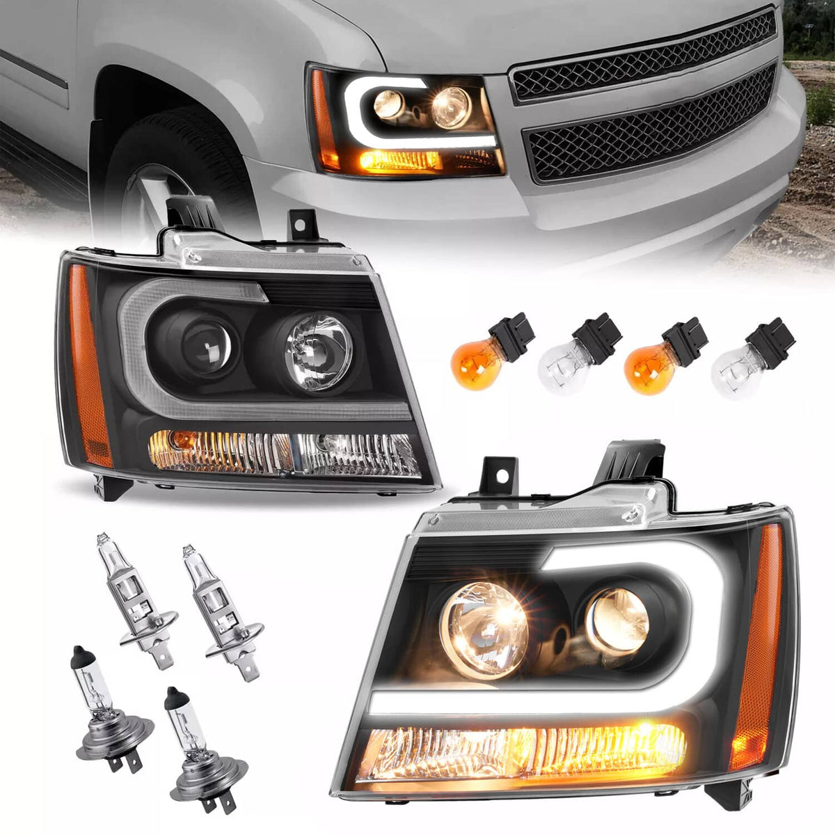 Solid Spare For 2007-14 Chevy Tahoe Suburban Avalanche LED DRL Projector Headlights Assembly