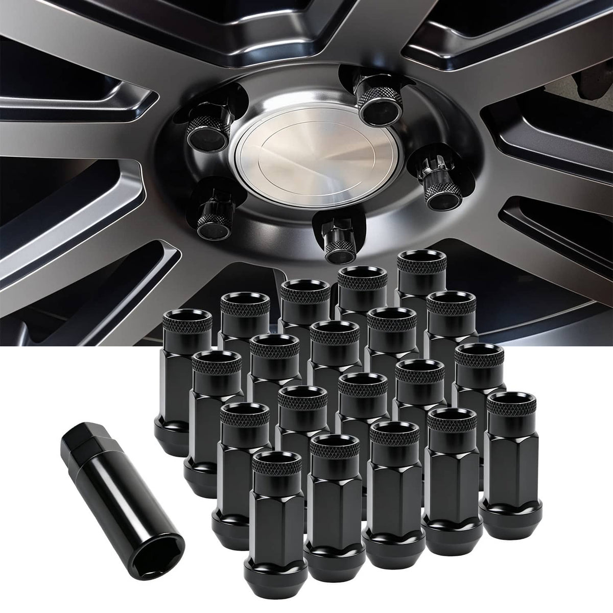 Solidspare 20Pcs M12x1.5mm Extended Steel Open Ended wheel Lug Nuts For Toyota Honda Black