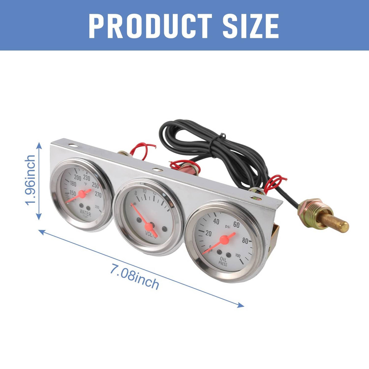 Solidspare Chrome 2'' 52mm Mechanical Triple Gauge Set Water Temp Oil Pressure Volt Meter