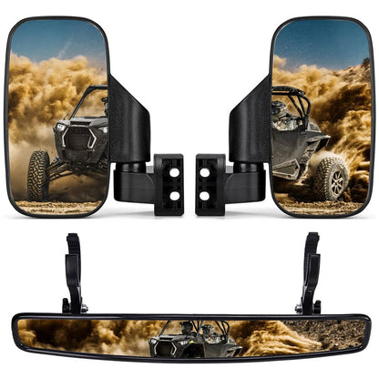 Solidspare 2" UTV Rear View Center + 1.75" 2" Side Mirror For Polaris RZR Can Am Maverick