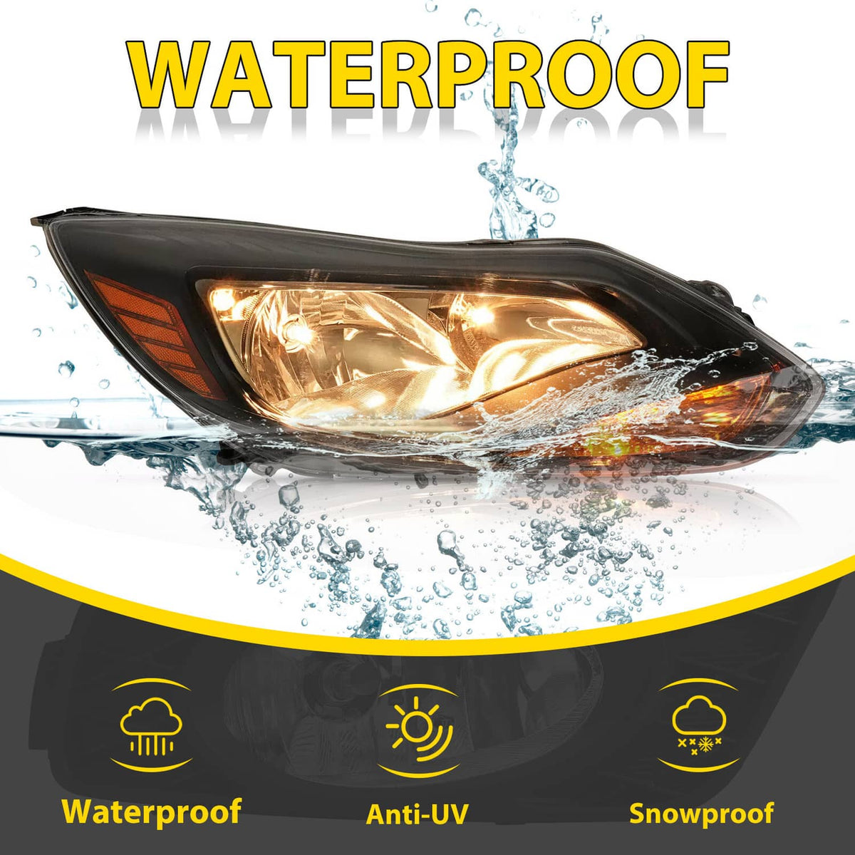 Solid Spare Black Right Passenger Side Headlight Clear Lens Halogen For Ford Focus 2012-2014