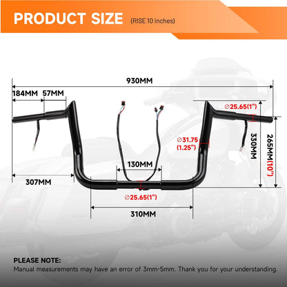 Solidspare Gloss Black 10" Pre-Wired Meathook Handlebar For 14+ Harley Electra Street Glide
