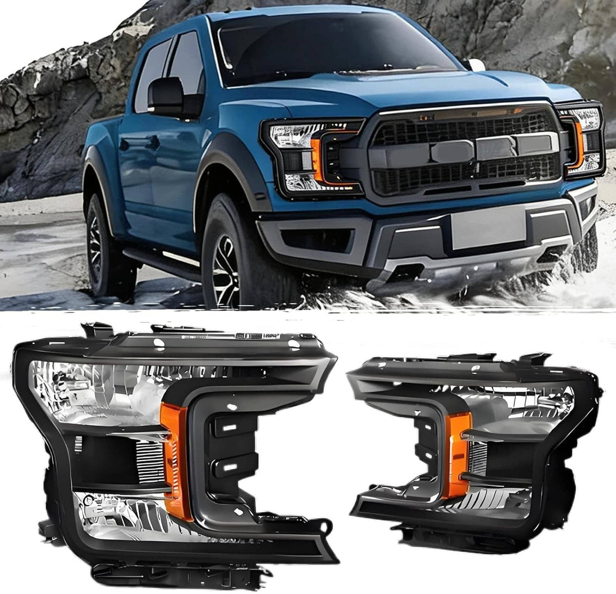 Solidspare Pair Headlights For 2018-2020 Ford F150 Halogen Headlamps Black Clear Right+Left