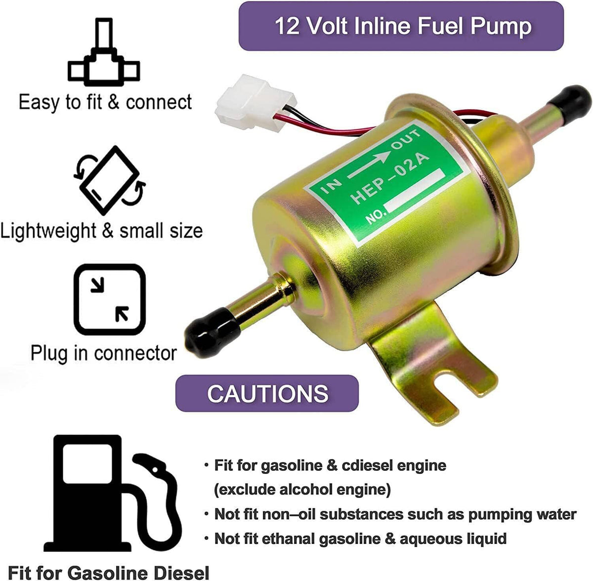 Solidspare Inline Fuel Pump 12v Electric Transfer Low Pressure Gas Diesel Fuel Pump HEP-02A