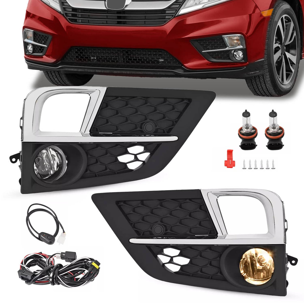 Solid Spare For Honda Odyssey 2018-2020 Bumper Fog Lights Lamps & Bezel Set W/Chrome Trim