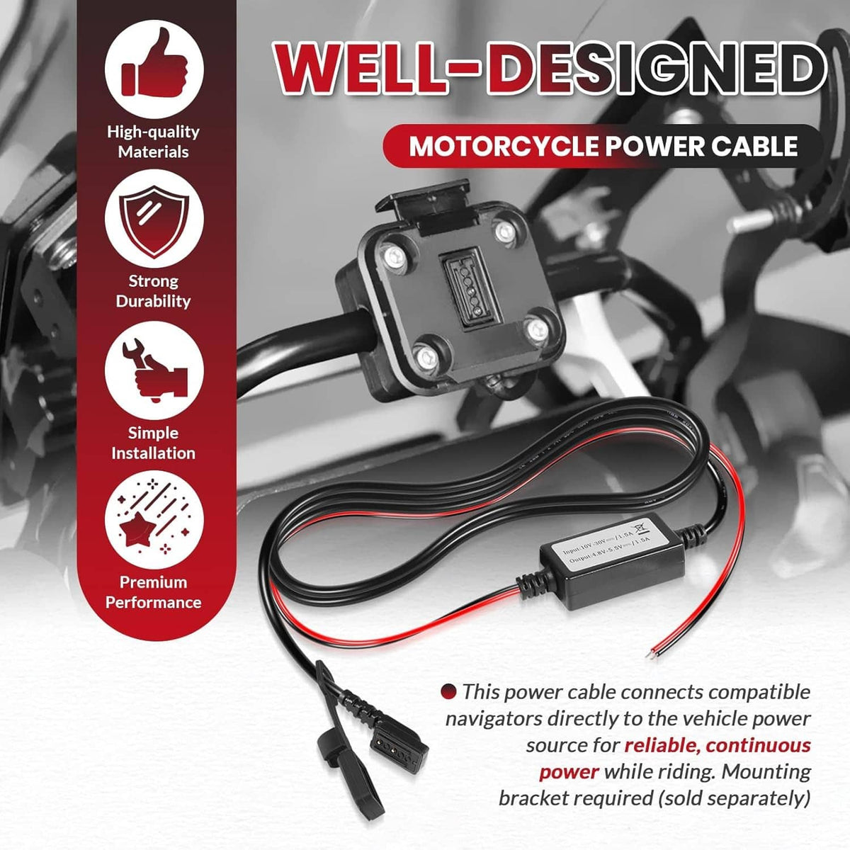 Solidspare 010-12953-03 Motorcycle Power Cable for Garmin Tread and zūmo XT Navigators 5.5"