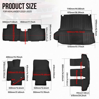 Solidspare 5x Floor Mats for 2020-2025 Toyota Highlander TPE 7 Seater 3 Rows & Cargo Liner