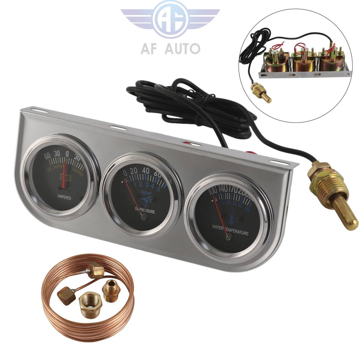 Solidspare 2" 52mm Chrome Car Triple Gauge Set Kit AMP Meter Water Temp Oil Pressure 3 in 1