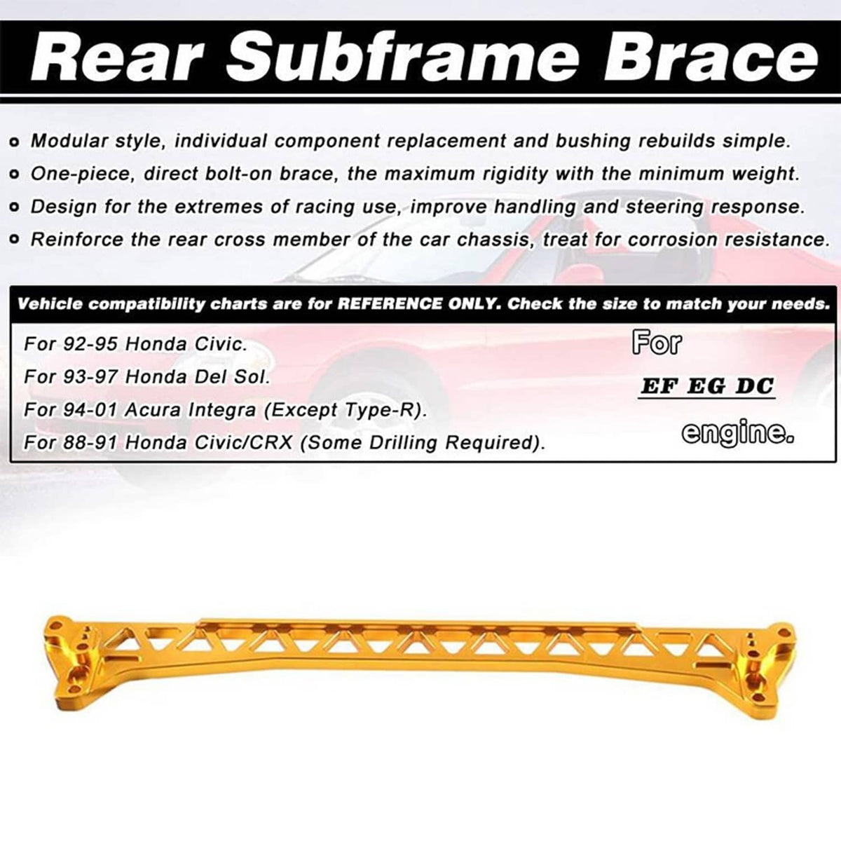 Solidspare Rear Lower Control Arm Subframe Brace Tie Bar for 1992-1995 Honda Civic EG 88-95