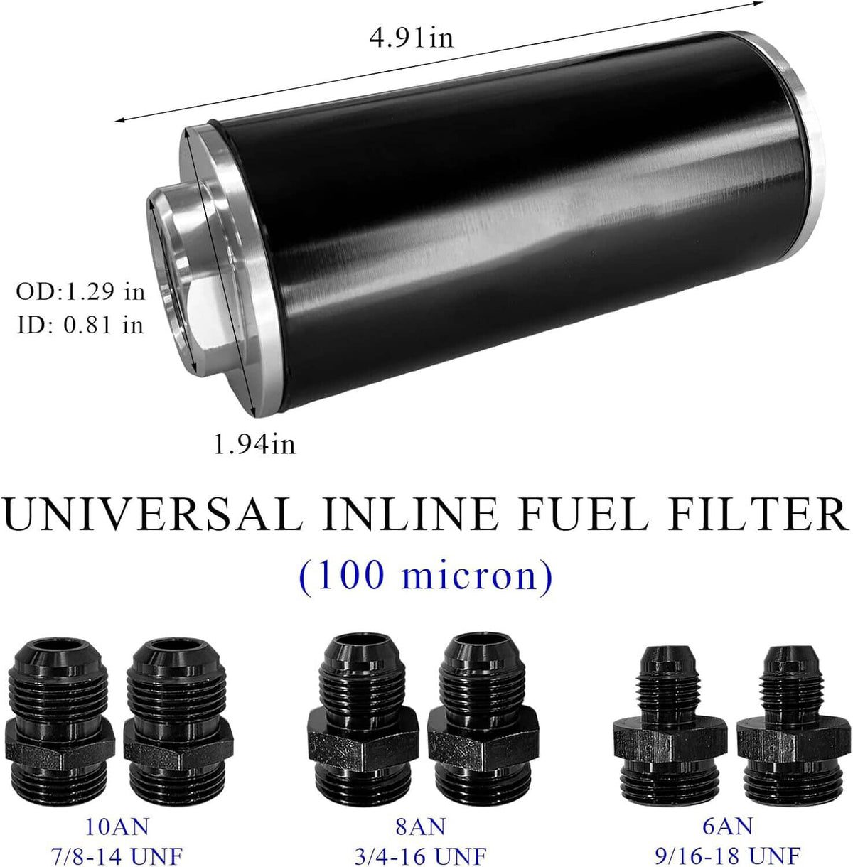 Solidspare High Flow 100 Micron Inline Fuel Filter Cleanable AN6 AN8 AN10 Adapter Fitting