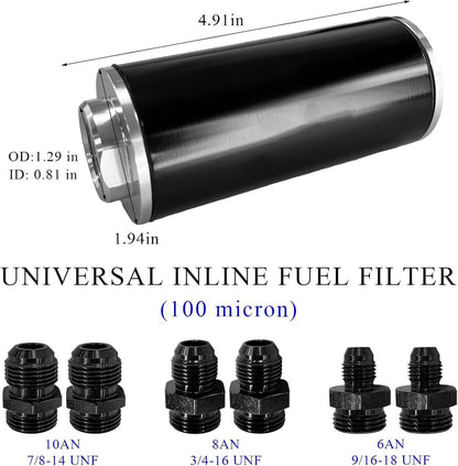 Solidspare High Flow 100 Micron Inline Fuel Filter Cleanable AN6 AN8 AN10 Adapter Fitting