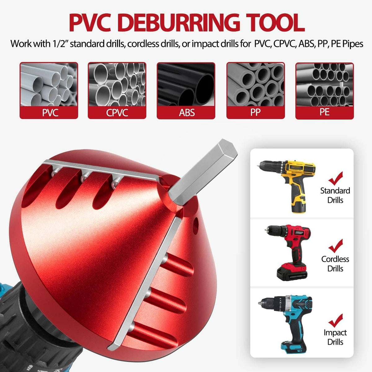 Solid Spare 2 in 1 Inner-Outer PVC Deburring Tool PVC Chamfer Tool for PVC, CPVC, ABS, PP,PE