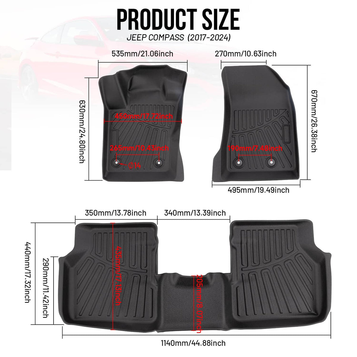 Solidspare Front Rear Floor Mats For Jeep Compass 2017-2025 Waterproof TPE Rubber Black
