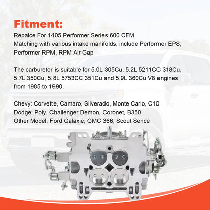 Solidspare Replace 1405 Performer 600 CFM Square Bore 4 Barrel Carburetor W/ Manual Choke
