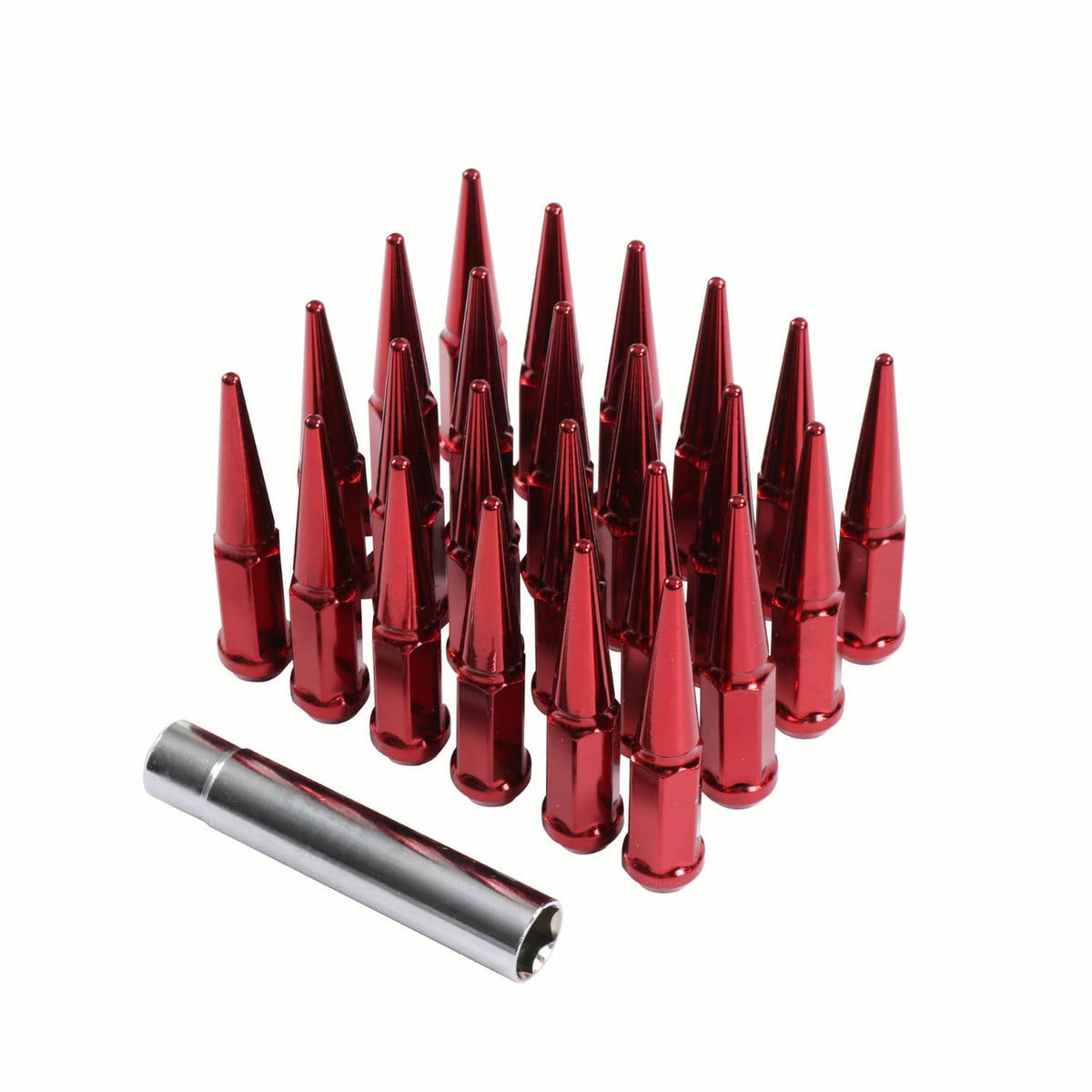Solidspare 24 PCS Spike Lug Nuts 14x1.5 Red For Chevy Silverado Tahoe 4.4" Tall W/ Key