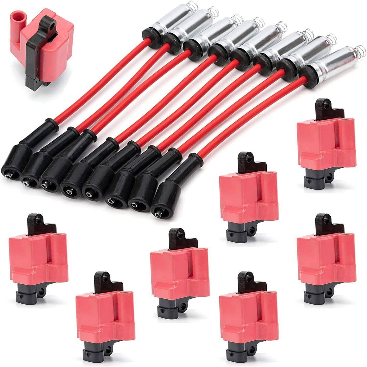 Solidspare 8x Square Ignition Coil & Spark Plug Wire Set For Chevy GMC 4.8L 5.3L 6.0L 8.1L