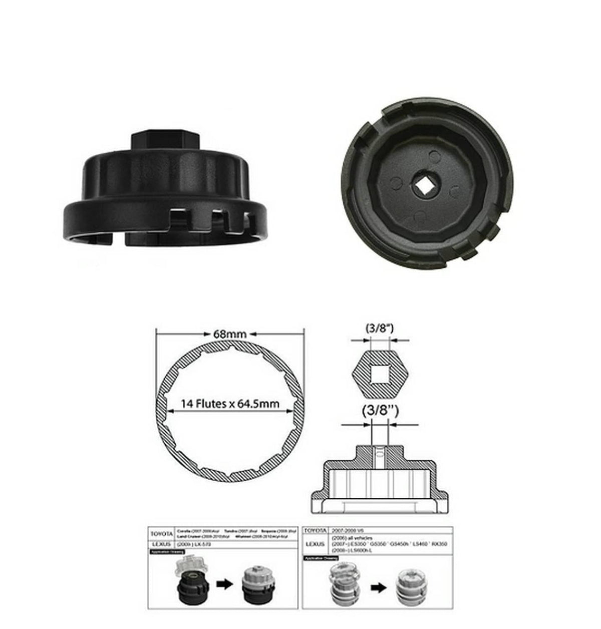 Solid Spare Oil Filter Cap Wrench 64mm 14 Flute for Toyota Lexus Scion 2.5L to 5.7L (Black)